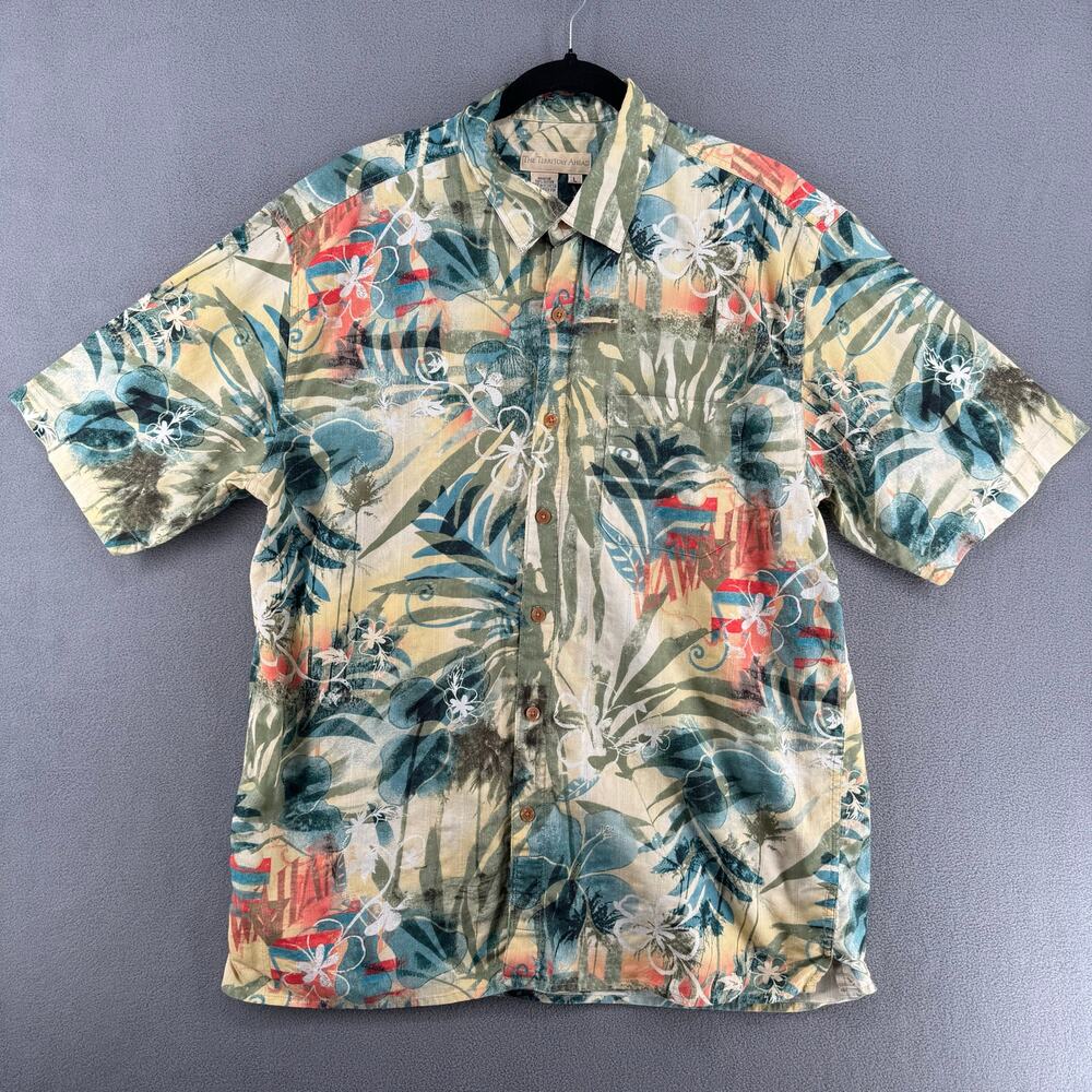 The Territory Ahead Hawaiian‎ Shirt Mens L Tan Tropical Resort Wear Tiki Cotton